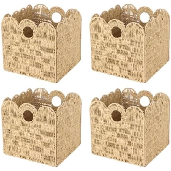 4 Pcs 12x12 Scalloped Wicker Storage Cubes - Woven Paper Rope Storage Baskets, Foldable Square Bins with Handles, Collapsible Containers for Shelves, Closets, 11.811.811.8"