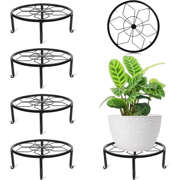 4 Pcs 13 Inch Black Metal Plant Stands for Indoor Outdoor Heavy Duty Pot Potted Stand Holder Iron Circle Plant Shelf Rustproof Risers Round Supports Rack for Home Garden Planter Display