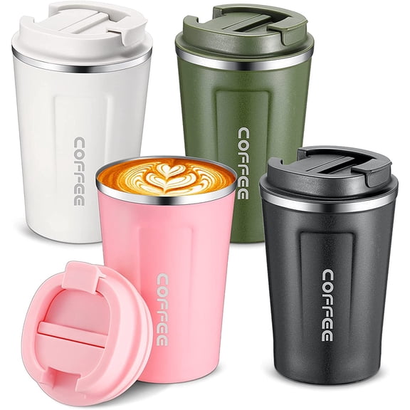4 Pcs 13 oz Travel Coffee Mug Insulated Reusable Coffee Cups with Leakproof Lid Stainless Steel Portable Tumbler for Keep Hot or Ice Milk Tea(Black, White, Pink, Green)