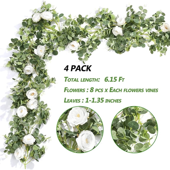 4 Pcs 13Ft Artificial Eucalyptus Flower Garland with Fake Silk Rose Flower Vine Seeded Eucalyptus Leaves Greenery Garland for Wedding Arch Table Wall Backdrop Party Room Decor (White)