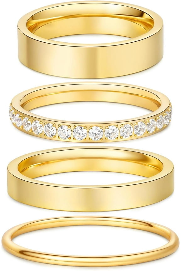 4 Pcs 14k Gold Filled Rings for Women Non Tarnish Wedding Bands Stacking Rings for Women Titanium Steel CZ Simulated Diamond Knuckle Ring Set