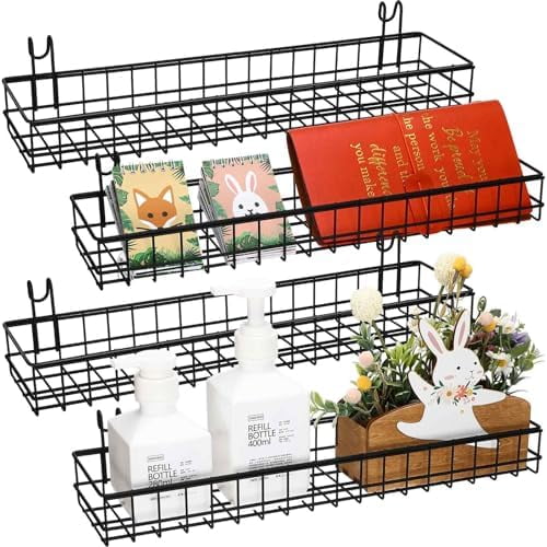 4 Pcs 15.75 x 3.94 x 1.97 Inch Metal Grid Wall Baskets with Hooks Grid Wall Shelves Hanging Wire Basket Multi Function Storage Organizer for Kitchen Organizing Display (Black)