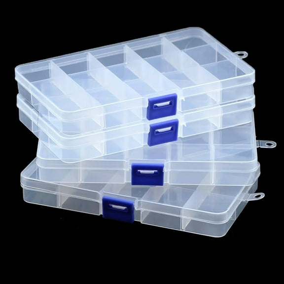 4 Pcs 15 Grids Clear Organizer Box Plastic Storage Container with Fixed Dividers for Electronics Jewelry Beads Art DIY Crafts Fishing Small Parts