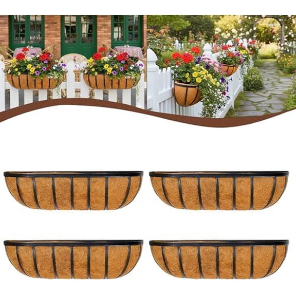 4 Pcs 16“ Railing Planter Window Box Deck Railing Planters Boxes with Coco Liner English Horse Trough Planters Metal Wall-Mounted Planter Basket for Outdoor Balcony Porch Fence Patio Rail