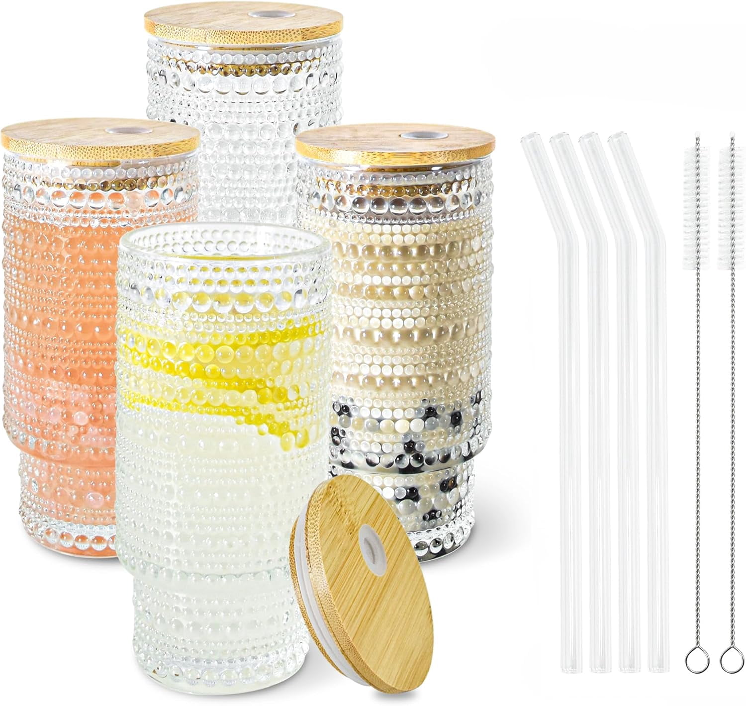 4 Pcs 16 oz Glasses Cups Set with Bamboo Lids Straws Brush Hobnail ...