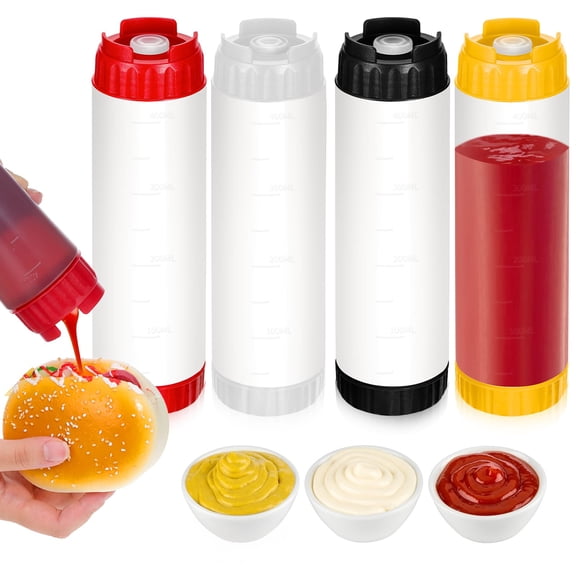 4 Pcs 16 oz Inverted Plastic Squeeze Bottles, Refillable Tip Large Valve Dispense Condiment Squeeze Bottle for Sauces Ketchup Sour Cream Self Sealing Syrup Dispenser for Restaurants (4 Colors).
