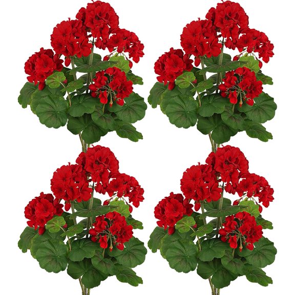4 Pcs 18 Inch Artificial Geraniums UV Resistant Waterproof Ruby Red
