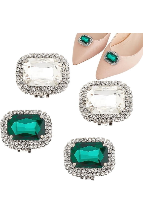 4 Pcs 2 Colors Glass Rhinestone Shoe Buckle Clips Silver Emerald Extremely Shiny Women's Rhinestone Shoe Clips Rectangle Shoe Clips for Gorgeous Shoe Decor Colorful DIY