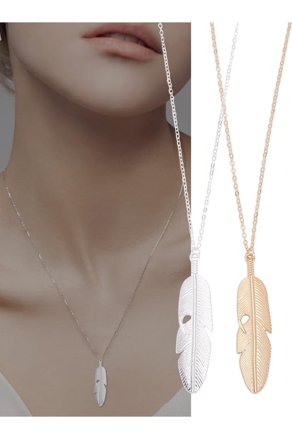 4 Pcs 2 Colors Long Feather Necklaces Feather Pendant with Chain Necklace Long Leaf Necklaces for Women Parties Weddings and Daily Wear