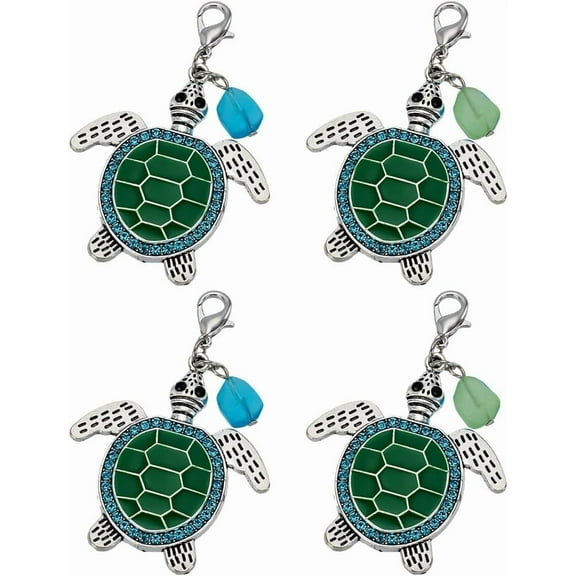 4 Pcs 2 Colors Sea Turtle Keychain with Alloy Lobster Claw Clasps and Rhinestone Cute Animal Themed Alloy Green Enamel Sea Turtle Keychain