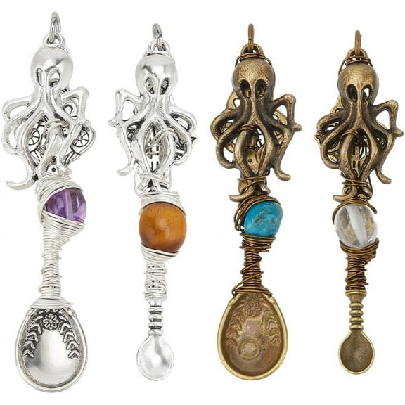 4 Pcs 2 Sizes Natural Genstone Pendants Octopus Spoon Alloy Charms Wire Wrapped Necklace Spoons Charms with Jump Rings for DIY Craft Jewelry Making Necklace Bracelet Key Chain colorful