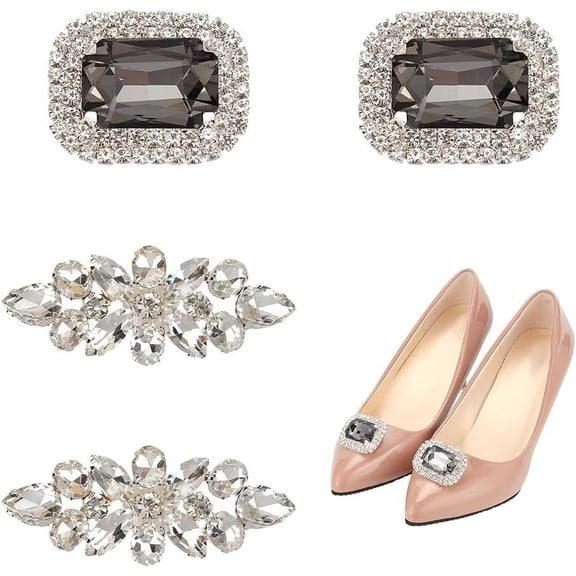 4 Pcs 2 Styles Rhinestone Shoe Clips Elegant Metal Shoe Clips Shoe Buckle Sparkling Shoe Flower for Party Decoration Bride Wedding DIY Craft Accessories grey