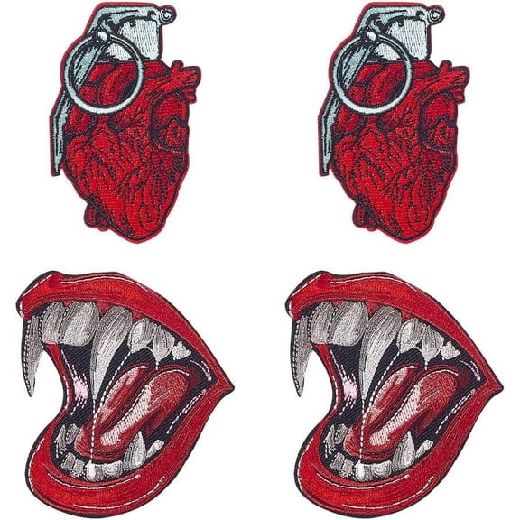 4 Pcs 2 Styles Vampire Cloth Patches Realistic Heart Embroidered Badge Iron On Mouth Felt Appliques Decorative Clothes Appliques for Clothing Jeans Jackets Bag for DIY