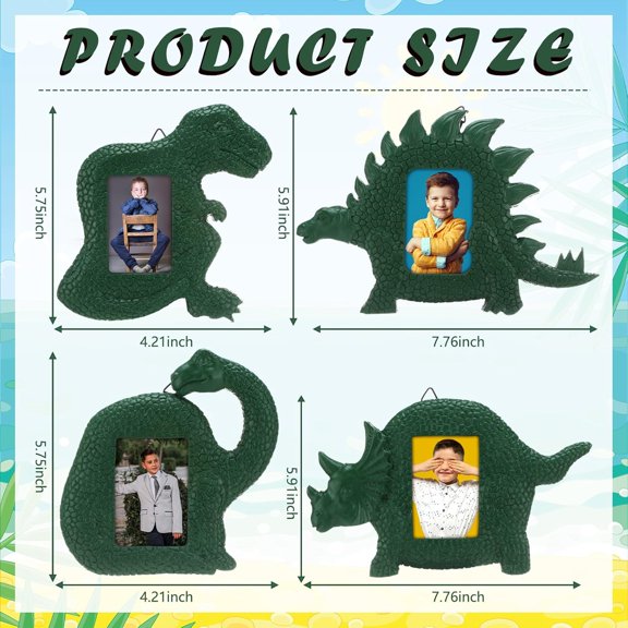 4 Pcs 2 x 3 Inch Resin Dinosaur Picture Frame Fun Dinosaur Photo Frame Green Triceratops Tyrannosaurus Stegosaurus Brontosaurus Decor for Home Office Tabletop Desk Wall Display$$