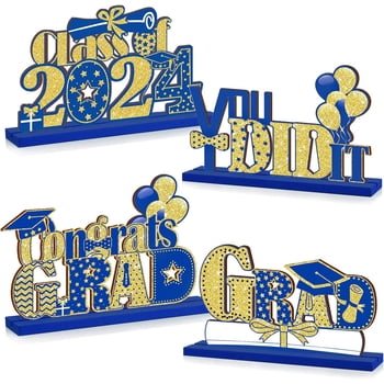 4 Pcs 2024 Graduation Party Decorations Class of 2024 Congrats Grad Centerpieces Congratulate Graduation Table Toppers for High School College Graduation Party Favor, (Blue)