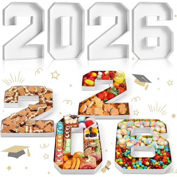4 Pcs 2026 Graduation Fillable Numbers for Charcuterie Class of 2026 Cardboard Number Grad Charcuterie Board Serving Trays Graduation Food Box for Tray Party Supplies(White)