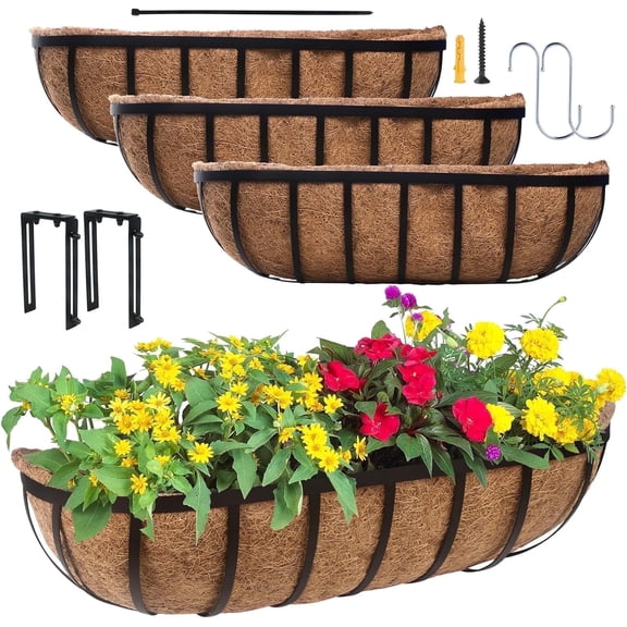 4 Pack 24" Railing Planter Window Box with Coco Liner, Metal Horse Trough Deck Railing Planters for Balcony Fence Porch Patio, Outdoor Hanging Flower Box