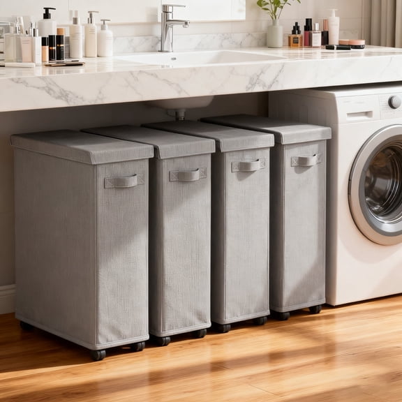 UNTIMATY 4 Pcs 28'' Slim Laundry Hamper with Lid and Wheels Narrow Laundry Basket Collapsible Dirty Clothes Hamper Portable Laundry Storage Bin Oxford,65L/17.17 US gal, Gray