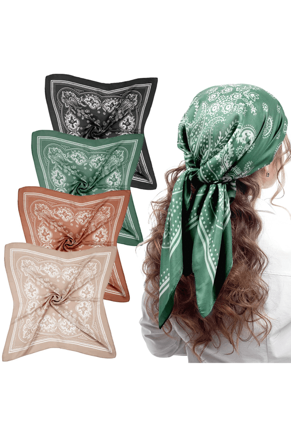 4 Pcs 27'' Square Satin Head Scarves Satin Bandanas for Women Halloween Headband Silk Feeling Scarves Boho Headwear