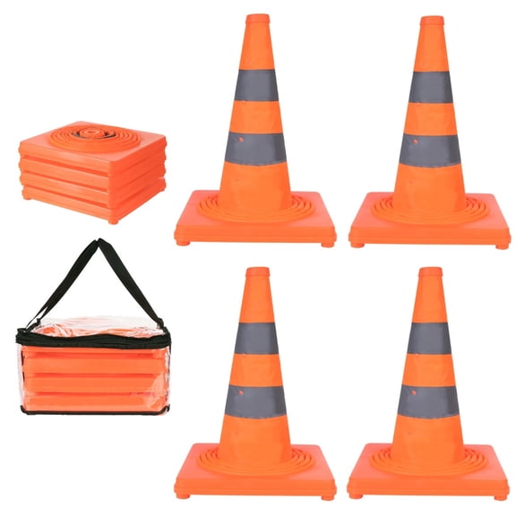 4 Pcs 28" Collapsible Safety Cones, Orange Construction Markers with Reflective Strips, Stable Bases for Road Parking, Driving Practice, Multi-Purpose Pop-Up