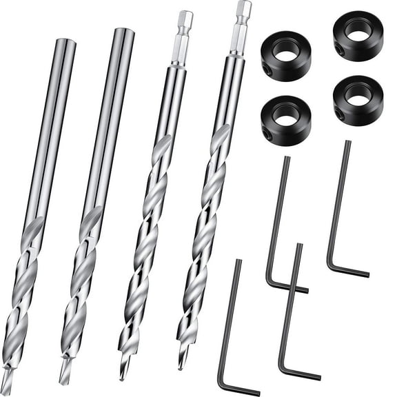 4 Pcs 3/8 Inch Pocket Hole Drill Bit with Depth Stop Collar 1/4 Hex Shank