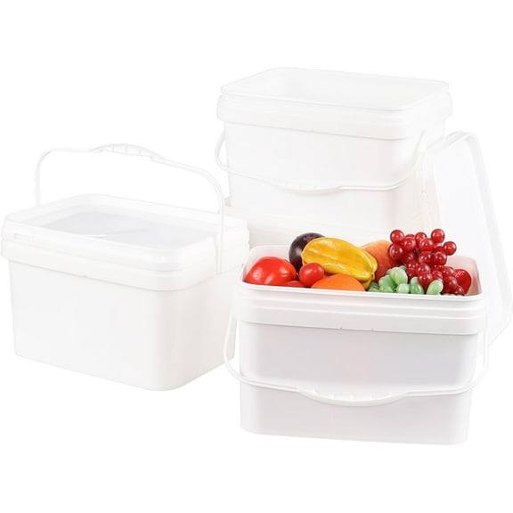 4 Pcs 3 Gallon Plastic Square Bucket with Lid and Handle, Rectangular White Bucket with Lid for Food Storage