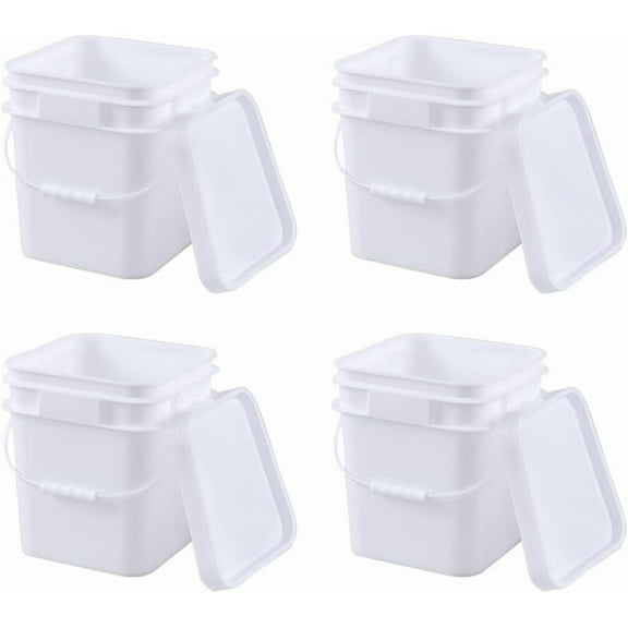 4 Pcs 3 Gallon Square Bucket Pail with Plastic Handle and Lid, White Square Food Bucket Pail