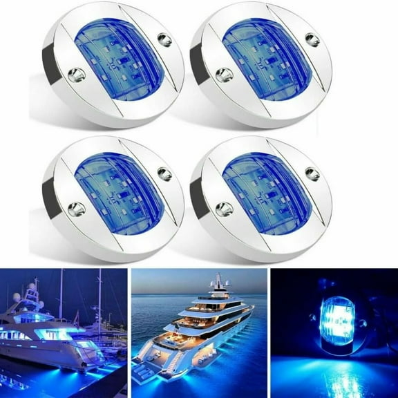 4 Pcs 3 Inch Round Marine Boat Blue LED Lights Courtesy Outdoors Lamp Waterproof for Pontoon Fishing Boat Kayak Sailboat