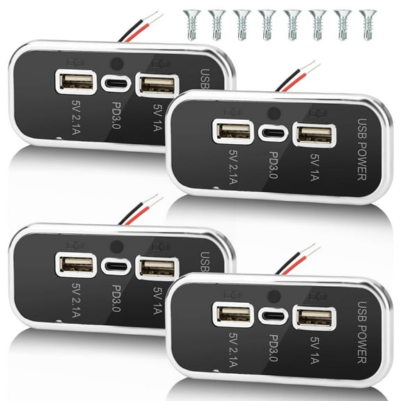 4 Pcs 3 Ports 12V RV USB Outlet 45.5W, 4PCS PD3.0 Type-C Quick Charge & Dual USB A Port 3.1A Panel Wall Mount, Automotive Car USB Socket Charger Adapter for RV Marine Boat Bus ATV Motorcycle Truck