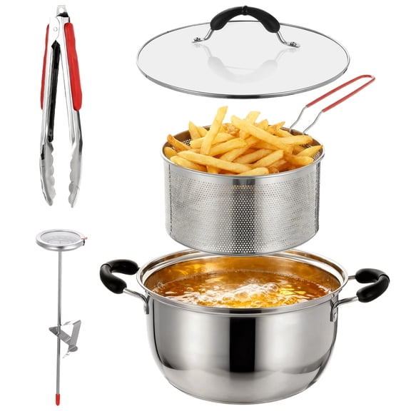 4 Pcs 304 Stainless Steel Deep Fryer Set, Includes 10.1 in Pot for Frying, Steaming, Cooking, Food Clip, Thermometer and Frying Basket, Great for Home Kitchen Use