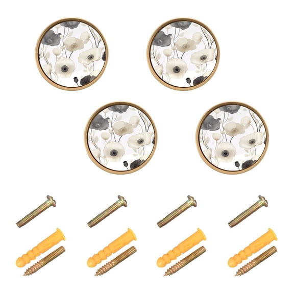 4 Pcs 32mm Diameter Round Cabinet Hardware Knob Zinc Alloy Furniture Knobs for Dresser Home Decor Black and White Flowers