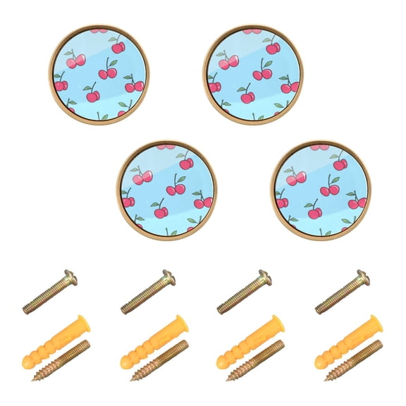 4 Pcs 32mm Diameter Round Cabinet Hardware Knob Zinc Alloy Furniture Knobs for Dresser Home Decor Cartoon Cherry Pattern