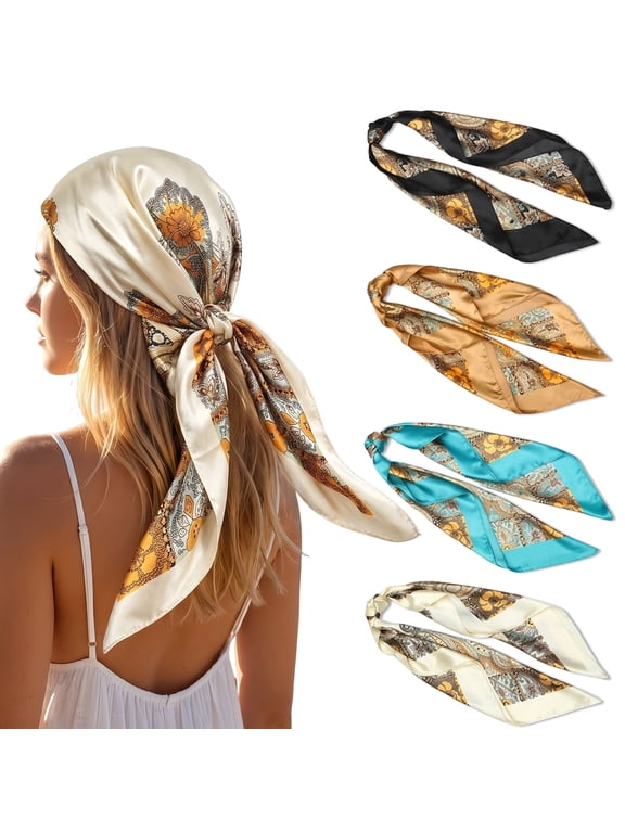 4 Pcs 35" Large Satin Bandana, Women Silky Hair & Neck Sleeping Wrap