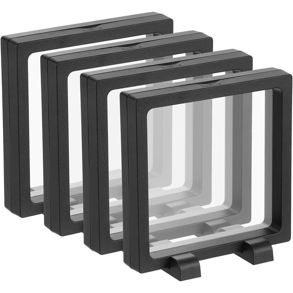 4 Pcs 3D Floating Display Case, 4.3 x 0.8 Inch Frame Holder Stand, Transparent PE Jewelry Storage Box, Black