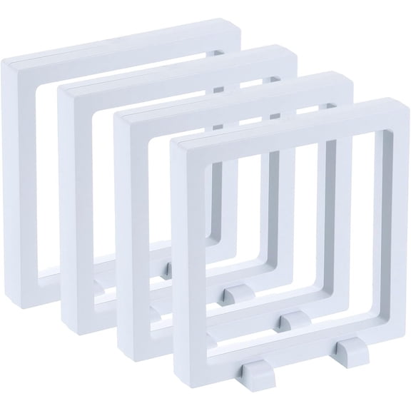 4 Pcs 3D Floating Display Case, 5.5 x 0.8 Inch Frame Holder Stand, Transparent PE Jewelry Storage Box, White