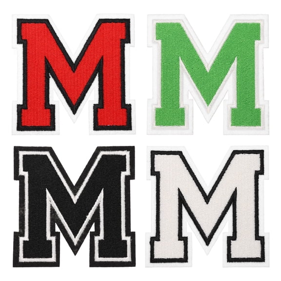 4 Pcs 4.5 Inch Iron-on Letters Patches, Letter M Embroidered Alphabet Appliques for Clothes Jacket Dress Hat Backpacks DIY Accessories, Green/Red/White/Black