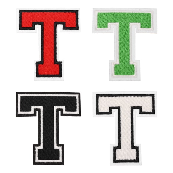 4 Pcs 4.5 Inch Iron-on Letters Patches, Letter T Embroidered Alphabet Appliques for Clothes Jacket Dress Hat Backpacks DIY Accessories, Green/Red/White/Black