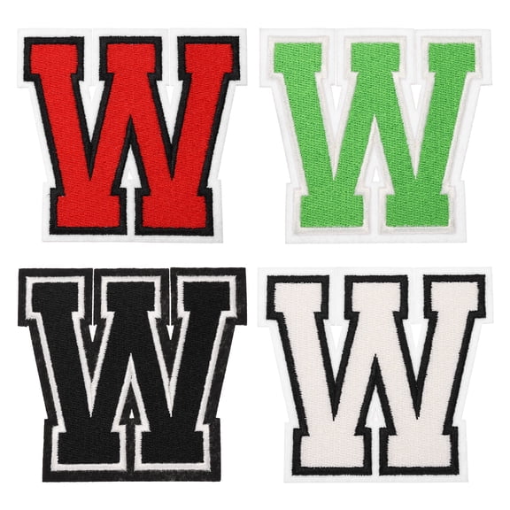 4 Pcs 4.5 Inch Iron-on Letters Patches, Letter W Embroidered Alphabet Appliques for Clothes Jacket Dress Hat Backpacks DIY Accessories, Green/Red/White/Black