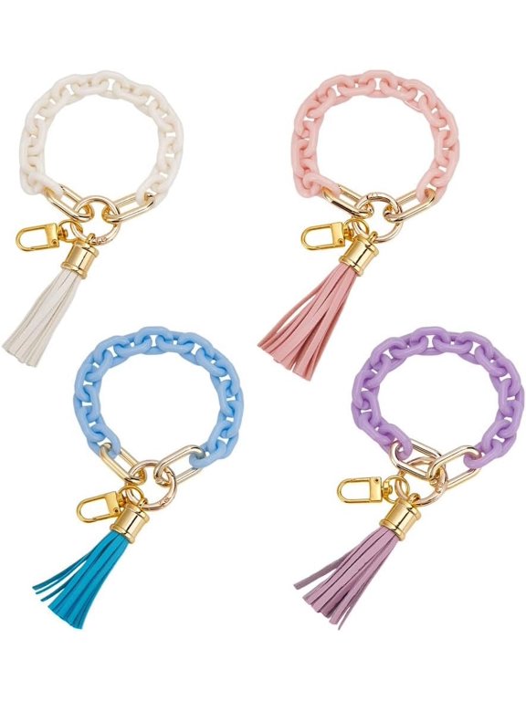 4 Pcs 4 Colors Chunky Chain Link Key Ring Leather Tassel Key Bracelets Mixed Color Acrylic Wristlet Keychain Holder Key Lanyard