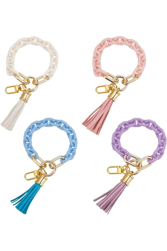4 Pcs 4 Colors Chunky Chain Link Key Ring Leather Tassel Key Bracelets Mixed Color Acrylic Wristlet Keychain Holder Key Lanyard