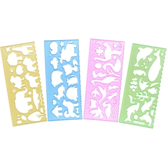 4 Pcs 4 ColorsDrawing Stencils Plastic Ruler Animals Painting Templates for Kids Clear