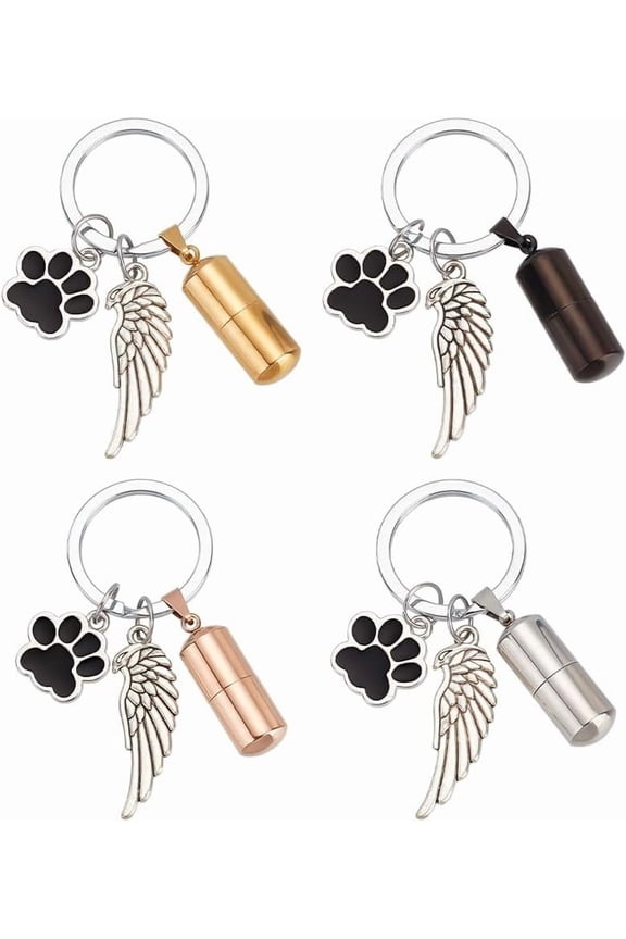 4 Pcs 4 Colors Pet Cremation Jewelry Urn Keychain Alloy Enamel Dog Paw Pendant Angle Wing Pendant Keychain with Iron Split Key Rings for Pet Human Ashes Gift for DIY