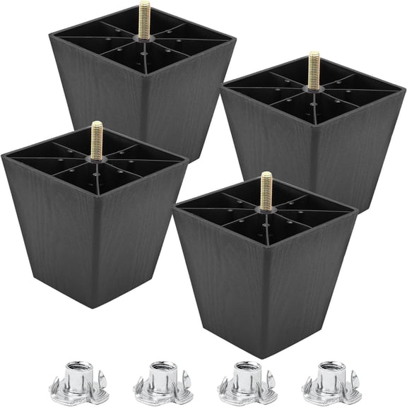 4 Pcs 4 Inch Plastic Table Legs, Black Tapered Furniture Legs, Square Sofa Replacement Legs M8 Threaded with T-Nuts, Heavy Duty Furniture Legs for Couch, Cabinets, Dressers, Chair