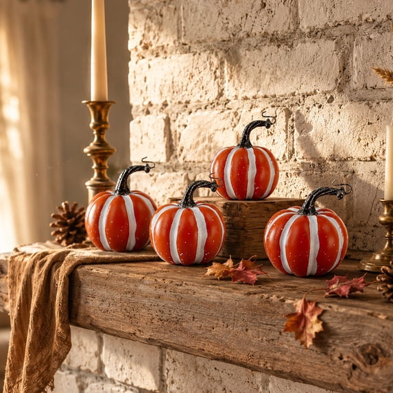 4 Pcs 4 Inch Striped Artificial Pumpkins Halloween Pumpkin Decorations Fall Pumpkin Decor for Home Thanksgiving Halloween Tiered Tray Mantel Table Decor Red