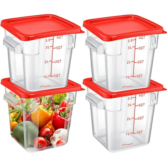 4 Pcs 4 Qt Clear Plastic Food Storage Container with Lids and Scale Handle Red
