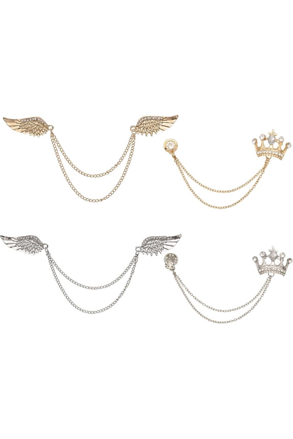 4 Pcs 4 Style Wings Collar Chain Brooch Hanging Chain Brooches with Rhinestone Alloy Brooches Pin Safety Pins