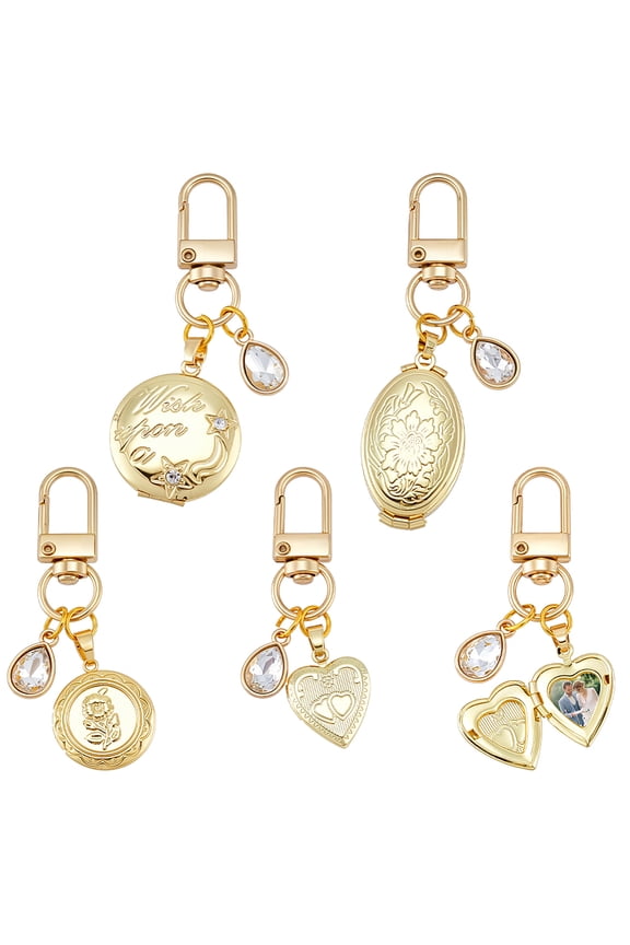 4 Pcs 4 Styles Brass Locket Keychains Photo Locket Keychains Alloy Rhinestone Pendant Decorations with Alloy Swivel Clasps Photo Frame Charm