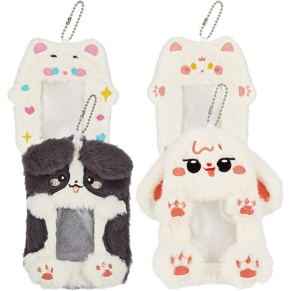 4 Pcs 4 Styles Cute Photocard Holder 17.5cm Cartoon Plush Protective Sleeves Fox Bear Rabbit Dog Id Badge Student Card Holder Photocard Binder for Bag Keychain Purse Gift for DIY