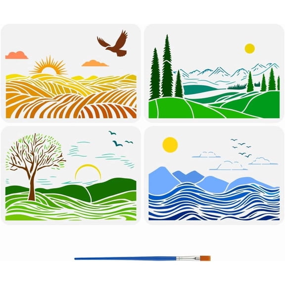 4 Pcs 4 Styles Fields Scenery Painting Template with Brush 11.6x8.2inch Sun Clouds Painting Template Mountains Trees Painting Stencils Reusable DIY Art Craft Stencil