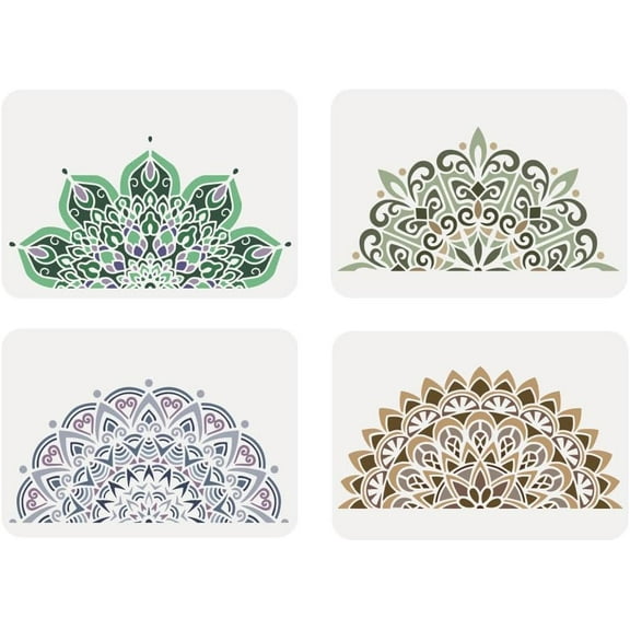 4 Pcs 4 Styles Mandala Painting Templates 11.7x8.3inch Reusable Mandala Stencil Semi-Circle Mandala Pattern Stencils